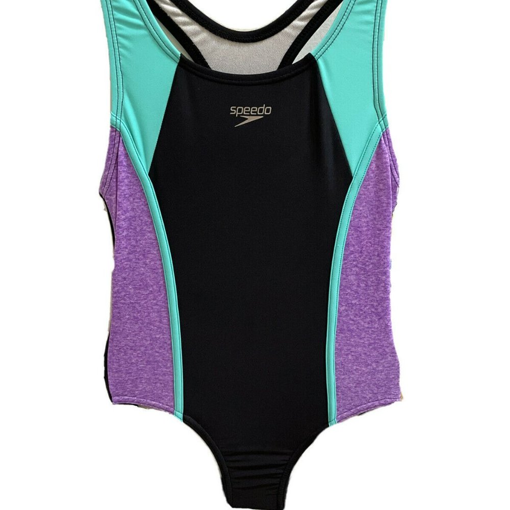 Girls Speedo Black Lavender Aqua Panel One Piece S